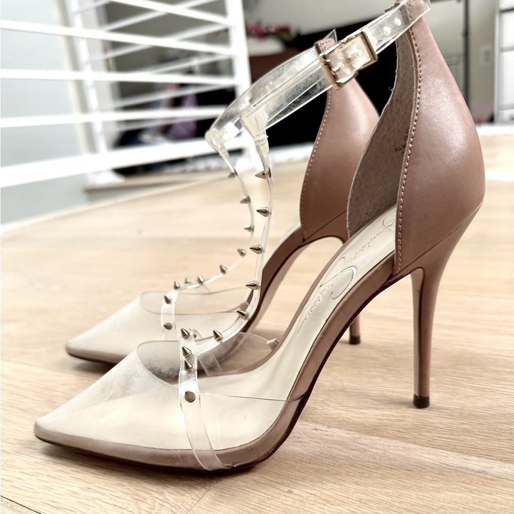New Jessica Simpson Elegant Spike Clear Nude Leather Stiletto Heels
